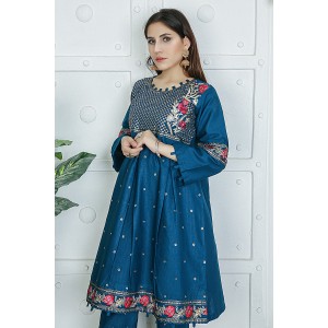 2 Piece Kurti Salwar Embroidery Set - Pure Cotton Collection Stylish Solid Color Light Weight Cotton Fabric Suit Top Bottom Salwar Kameez Indian Pakistani Embroidered Suit For Event Party Outdoor Dress - Dark Blue
