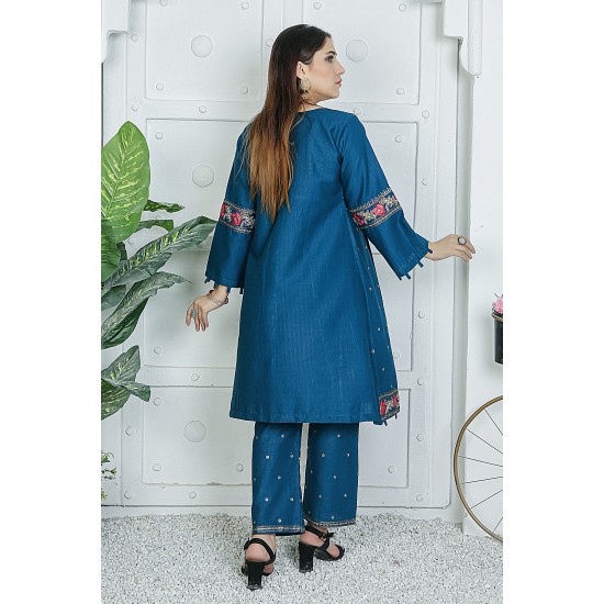  2 Piece Kurti Salwar Embroidery Set - Pure Cotton Collection Stylish Solid Color Light Weight Cotton Fabric Suit Top Bottom Salwar Kameez Indian Pakistani Embroidered Suit For Event Party Outdoor Dress - Dark Blue