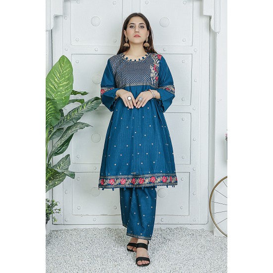  2 Piece Kurti Salwar Embroidery Set - Pure Cotton Collection Stylish Solid Color Light Weight Cotton Fabric Suit Top Bottom Salwar Kameez Indian Pakistani Embroidered Suit For Event Party Outdoor Dress - Dark Blue