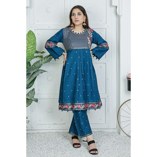  2 Piece Kurti Salwar Embroidery Set - Pure Cotton Collection Stylish Solid Color Light Weight Cotton Fabric Suit Top Bottom Salwar Kameez Indian Pakistani Embroidered Suit For Event Party Outdoor Dress - Dark Blue