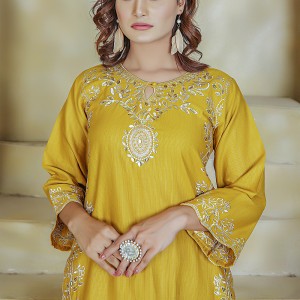  2 Piece Kurti Salwar Embroidery Set - Pure Cotton Collection Stylish Solid Color Light Weight Cotton Fabric Suit Top Bottom Salwar Kameez Indian Pakistani Embroidered Suit For Event Party Outdoor Dress - Yellow