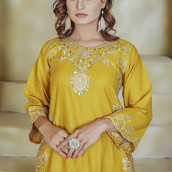  2 Piece Kurti Salwar Embroidery Set - Pure Cotton Collection Stylish Solid Color Light Weight Cotton Fabric Suit Top Bottom Salwar Kameez Indian Pakistani Embroidered Suit For Event Party Outdoor Dress - Yellow