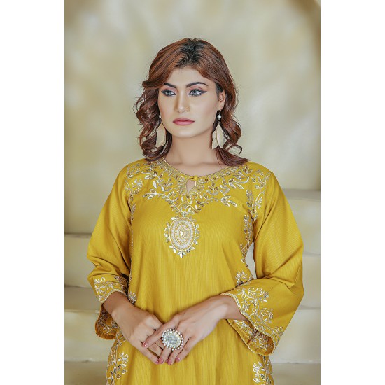  2 Piece Kurti Salwar Embroidery Set - Pure Cotton Collection Stylish Solid Color Light Weight Cotton Fabric Suit Top Bottom Salwar Kameez Indian Pakistani Embroidered Suit For Event Party Outdoor Dress - Yellow