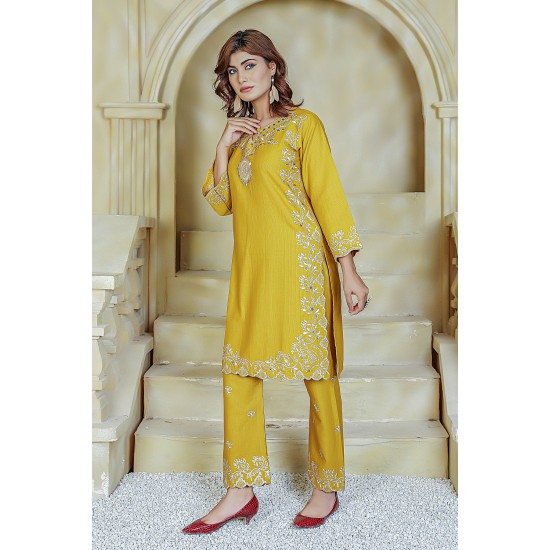  2 Piece Kurti Salwar Embroidery Set - Pure Cotton Collection Stylish Solid Color Light Weight Cotton Fabric Suit Top Bottom Salwar Kameez Indian Pakistani Embroidered Suit For Event Party Outdoor Dress - Yellow