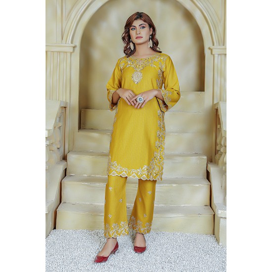  2 Piece Kurti Salwar Embroidery Set - Pure Cotton Collection Stylish Solid Color Light Weight Cotton Fabric Suit Top Bottom Salwar Kameez Indian Pakistani Embroidered Suit For Event Party Outdoor Dress - Yellow
