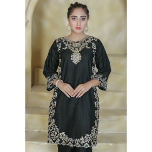  2 Piece Kurti Salwar Embroidery Set - Pure Cotton Collection Stylish Solid Color Light Weight Cotton Fabric Suit Top Bottom Salwar Kameez Indian Pakistani Embroidered Suit For Event Party Outdoor Dress - Black