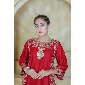 2 Piece Kurti Salwar Embroidery Set - Pure Cotton Collection Stylish Solid Color Light Weight Cotton Fabric Suit Top Bottom Salwar Kameez Indian Pakistani Embroidered Suit For Event Party Outdoor Dress - Maroon