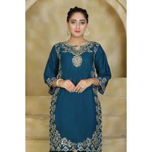  2 Piece Kurti Salwar Embroidery Set - Pure Cotton Collection Stylish Solid Color Light Weight Cotton Fabric Suit Top Bottom Salwar Kameez Indian Pakistani Embroidered Suit For Event Party Outdoor Dress - Dark Blue