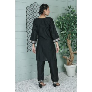 2 Piece Kurti Salwar Embroidery Set - Pure Cotton Collection Stylish Solid Color Light Weight Cotton Fabric Suit Top Bottom Salwar Kameez Indian Pakistani Embroidered Suit For Event Party Outdoor Dress - Black