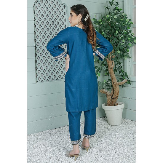  2 Piece Kurti Salwar Embroidery Set - Pure Cotton Collection Stylish Solid Color Light Weight Cotton Fabric Suit Top Bottom Salwar Kameez Indian Pakistani Embroidered Suit For Event Party Outdoor Dress - Dark Blue