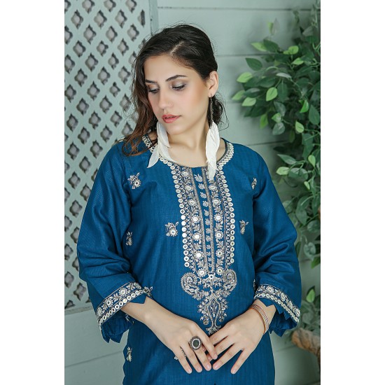  2 Piece Kurti Salwar Embroidery Set - Pure Cotton Collection Stylish Solid Color Light Weight Cotton Fabric Suit Top Bottom Salwar Kameez Indian Pakistani Embroidered Suit For Event Party Outdoor Dress - Dark Blue