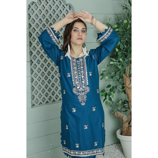 2 Piece Kurti Salwar Embroidery Set - Pure Cotton Collection Stylish Solid Color Light Weight Cotton Fabric Suit Top Bottom Salwar Kameez Indian Pakistani Embroidered Suit For Event Party Outdoor Dress - Dark Blue