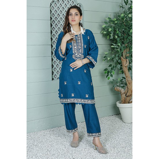  2 Piece Kurti Salwar Embroidery Set - Pure Cotton Collection Stylish Solid Color Light Weight Cotton Fabric Suit Top Bottom Salwar Kameez Indian Pakistani Embroidered Suit For Event Party Outdoor Dress - Dark Blue