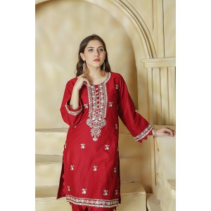 2 Piece Kurti Salwar Embroidery Set - Pure Cotton Collection Stylish Solid Color Light Weight Cotton Fabric Suit Top Bottom Salwar Kameez Indian Pakistani Embroidered Suit For Event Party Outdoor Dress - Maroon