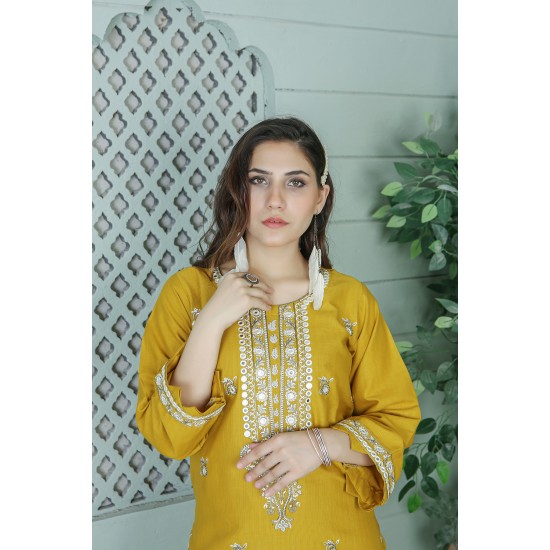 2 Piece Kurti Salwar Embroidery Set - Pure Cotton Collection Stylish Solid Color Light Weight Cotton Fabric Suit Top Bottom Salwar Kameez Indian Pakistani Embroidered Suit For Event Party Outdoor Dress - Yellow 2 Piece Kurti Salwar Embroidery Set - Pure Cotton Collection Stylish Solid Color Light Weight Cotton Fabric Suit Top Bottom Salwar Kameez Indian Pakistani Embroidered Suit For Event Party Outdoor Dress - Yellow