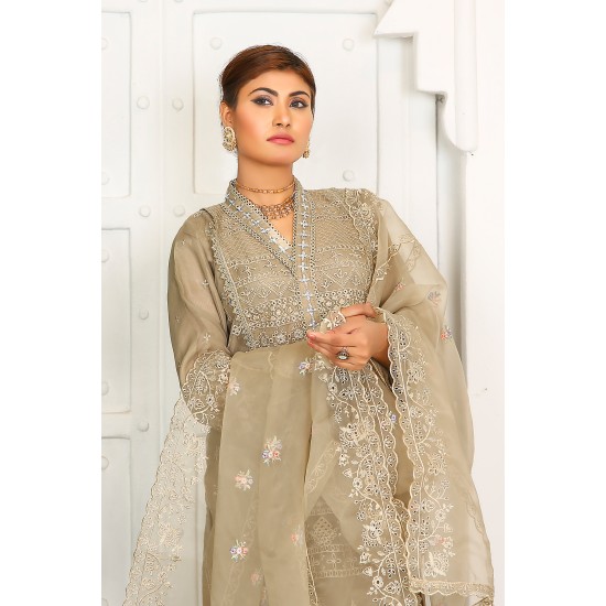 3 Piece Fancy Embroidery Dress - Stylish Light Weight Chiffon Organza Fabric Suit Indian Pakistani Fancy Embroidered Dress For Events Party Outdoor Dress - Khaki 3 Piece Fancy Embroidery Dress - Stylish Light Weight Chiffon Organza Fabric Suit Indian Pakistani Fancy Embroidered Dress For Events Party Outdoor Dress - Khaki