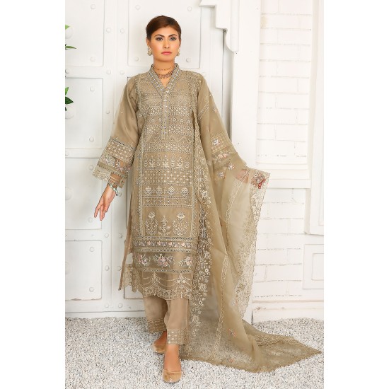 3 Piece Fancy Embroidery Dress - Stylish Light Weight Chiffon Organza Fabric Suit Indian Pakistani Fancy Embroidered Dress For Events Party Outdoor Dress - Khaki 3 Piece Fancy Embroidery Dress - Stylish Light Weight Chiffon Organza Fabric Suit Indian Pakistani Fancy Embroidered Dress For Events Party Outdoor Dress - Khaki