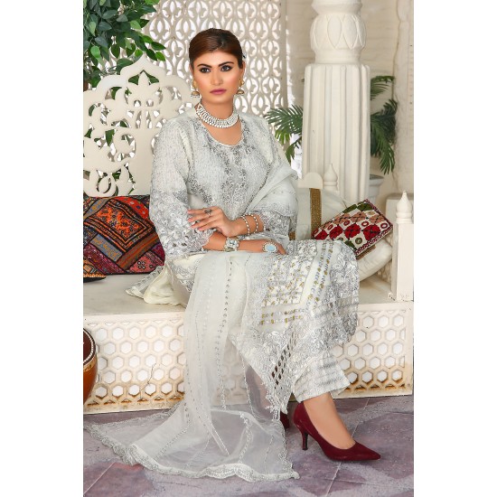 3 Piece Fancy Embroidery Dress - Stylish Light Weight Chiffon Organza Fabric Suit Indian Pakistani Fancy Embroidered Dress For Events Party Outdoor Dress white