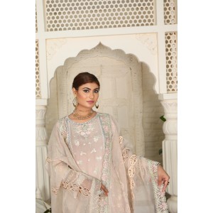  3 Piece Fancy Embroidery Dress - Stylish Light Weight Chiffon Organza Fabric Suit Indian Pakistani Fancy Embroidered Dress For Events Party Outdoor Dress - Gray
