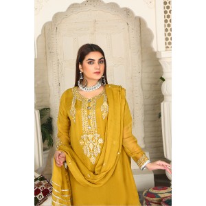 3 Piece Fancy Embroidery Dress - Stylish Light Weight Chiffon Organza Fabric Suit Indian Pakistani Fancy Embroidered Dress For Events Party Outdoor Dress - Golden
