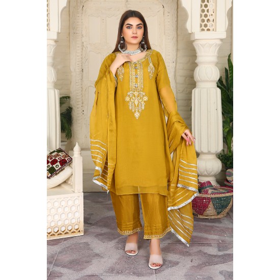 3 Piece Fancy Embroidery Dress - Stylish Light Weight Chiffon Organza Fabric Suit Indian Pakistani Fancy Embroidered Dress For Events Party Outdoor Dress - Golden