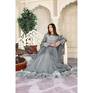 3 Piece Fancy Embroidery Dress - Stylish Light Weight Chiffon Fabric Suit Indian Pakistani Fancy Embroidered Dress For Events Party Outdoor Dress - Gray