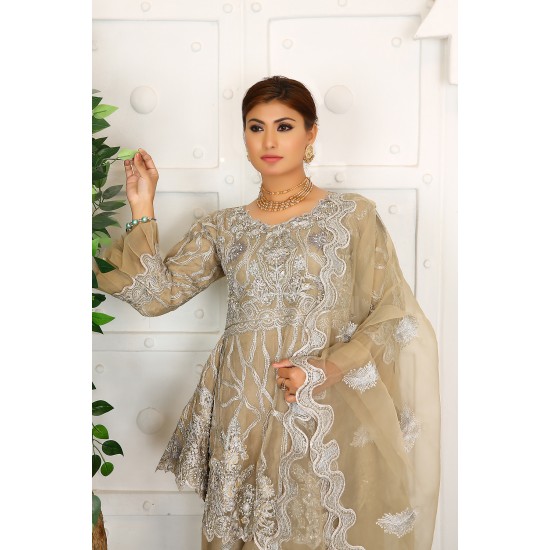 3 Piece Fancy Embroidery Dress - Stylish Light Weight Chiffon Organza Fabric Suit Indian Pakistani Fancy Embroidered Dress For Events Party Outdoor Dress - Khaki 3 Piece Fancy Embroidery Dress - Stylish Light Weight Chiffon Organza Fabric Suit Indian Pakistani Fancy Embroidered Dress For Events Party Outdoor Dress - Khaki