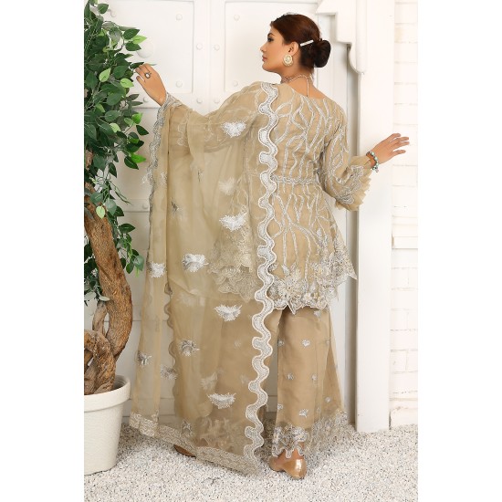 3 Piece Fancy Embroidery Dress - Stylish Light Weight Chiffon Organza Fabric Suit Indian Pakistani Fancy Embroidered Dress For Events Party Outdoor Dress - Khaki 3 Piece Fancy Embroidery Dress - Stylish Light Weight Chiffon Organza Fabric Suit Indian Pakistani Fancy Embroidered Dress For Events Party Outdoor Dress - Khaki