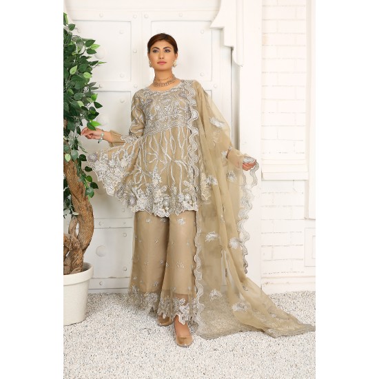 3 Piece Fancy Embroidery Dress - Stylish Light Weight Chiffon Organza Fabric Suit Indian Pakistani Fancy Embroidered Dress For Events Party Outdoor Dress - Khaki 3 Piece Fancy Embroidery Dress - Stylish Light Weight Chiffon Organza Fabric Suit Indian Pakistani Fancy Embroidered Dress For Events Party Outdoor Dress - Khaki