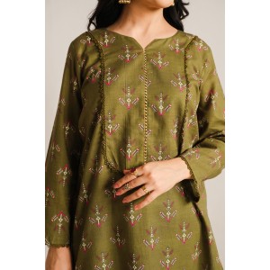 2 Piece Digital Print Kurti Salwar Set - Pure Cotton Collection Stylish Light Weight Cotton Fabric Suit Top Bottom Salwar Kameez Indian Pakistani Printed Suit For Casual Outdoor Dress - Dark Green