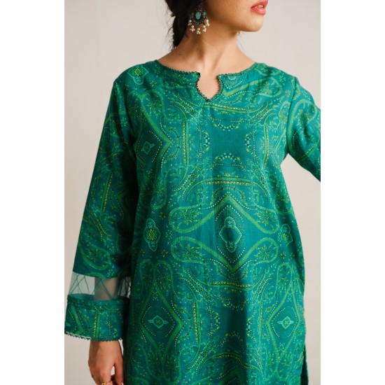 2 Piece Digital Print Kurti Salwar Set - Pure Cotton Collection Stylish Light Weight Cotton Fabric Suit Top Bottom Salwar Kameez Indian Pakistani Printed Suit For Casual Outdoor Dress - Dark Green