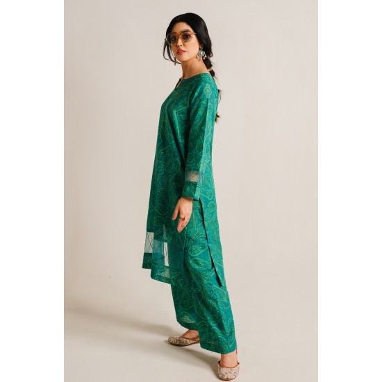 2 Piece Digital Print Kurti Salwar Set - Pure Cotton Collection Stylish Light Weight Cotton Fabric Suit Top Bottom Salwar Kameez Indian Pakistani Printed Suit For Casual Outdoor Dress - Dark Green