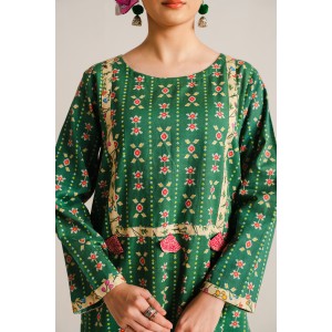 2 Piece Digital Print Kurti Salwar Set - Pure Cotton Collection Stylish Light Weight Cotton Fabric Suit Top Bottom Salwar Kameez Indian Pakistani Printed Suit For Casual Outdoor Dress - Dark Green