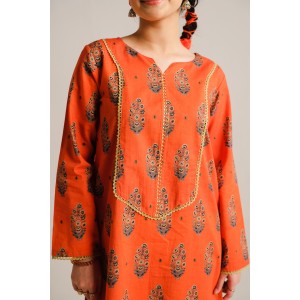 2 Piece Digital Print Kurti Salwar Set - Pure Cotton Collection Stylish Light Weight Cotton Fabric Suit Top Bottom Salwar Kameez Indian Pakistani Printed Suit For Casual Outdoor Dress - Orange