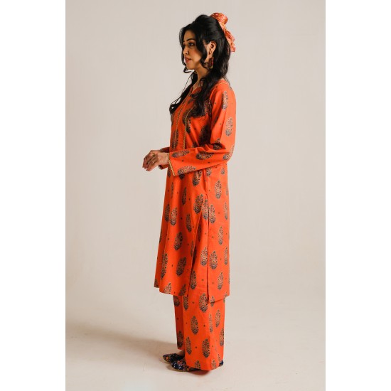 2 Piece Digital Print Kurti Salwar Set - Pure Cotton Collection Stylish Light Weight Cotton Fabric Suit Top Bottom Salwar Kameez Indian Pakistani Printed Suit For Casual Outdoor Dress - Orange