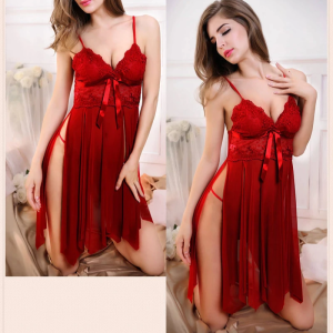 Night Sleep Dress Lace V-Neck For Women - Red Night Sleep Dress Lace V-Neck For Women - Red