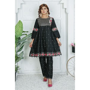  2 Piece Kurti Salwar Embroidery Set - Pure Cotton Collection Stylish Solid Color Light Weight Cotton Fabric Suit Top Bottom Salwar Kameez Indian Pakistani Embroidered Suit For Event Party Outdoor Dress - Black