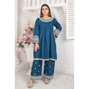  2 Piece Kurti Salwar Embroidery Set - Pure Cotton Collection Stylish Solid Color Light Weight Cotton Fabric Suit Top Bottom Salwar Kameez Indian Pakistani Embroidered Suit For Event Party Outdoor Dress - Dark Blue