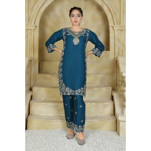 2 Piece Kurti Salwar Embroidery Set - Pure Cotton Collection Stylish Solid Color Light Weight Cotton Fabric Suit Top Bottom Salwar Kameez Indian Pakistani Embroidered Suit For Event Party Outdoor Dress - Dark Blue