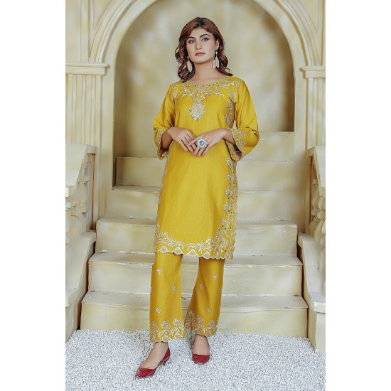  2 Piece Kurti Salwar Embroidery Set - Pure Cotton Collection Stylish Solid Color Light Weight Cotton Fabric Suit Top Bottom Salwar Kameez Indian Pakistani Embroidered Suit For Event Party Outdoor Dress - Yellow