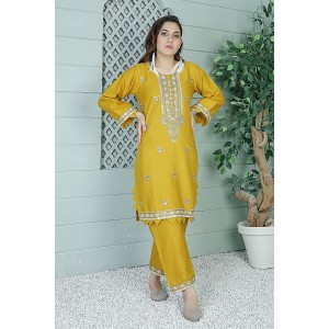  2 Piece Kurti Salwar Embroidery Set - Pure Cotton Collection Stylish Solid Color Light Weight Cotton Fabric Suit Top Bottom Salwar Kameez Indian Pakistani Embroidered Suit For Event Party Outdoor Dress - Yellow