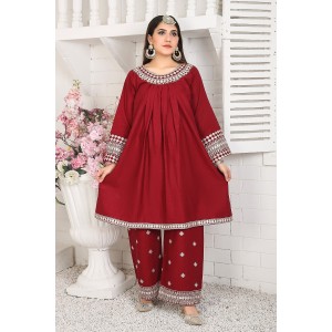  2 Piece Kurti Salwar Embroidery Set - Pure Cotton Collection Stylish Solid Color Light Weight Cotton Fabric Suit Top Bottom Salwar Kameez Indian Pakistani Embroidered Suit For Event Party Outdoor Dress - Maroon