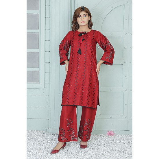  2 Piece Kurti Salwar Embroidery Set - Pure Cotton Collection Stylish Solid Color Light Weight Cotton Fabric Suit Top Bottom Salwar Kameez Indian Pakistani Embroidered Suit For Event Party Outdoor Dress - Maroon