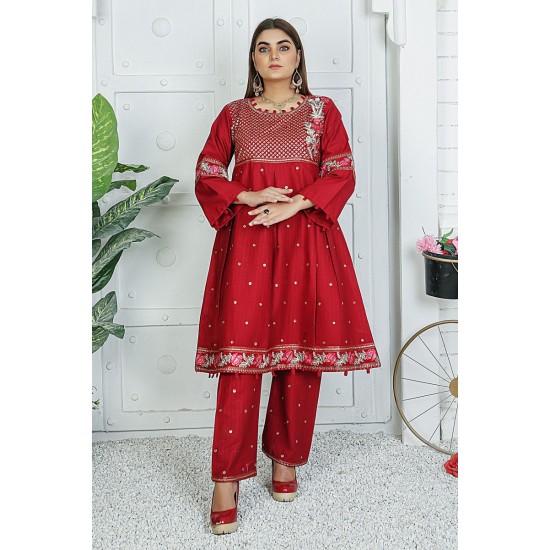  2 Piece Kurti Salwar Embroidery Set - Pure Cotton Collection Stylish Solid Color Light Weight Cotton Fabric Suit Top Bottom Salwar Kameez Indian Pakistani Embroidered Suit For Event Party Outdoor Dress - Maroon