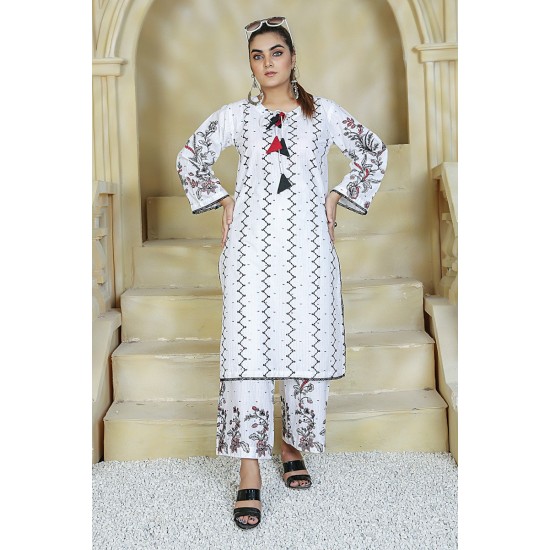  2 Piece Kurti Salwar Embroidery Set - Pure Cotton Collection Stylish Solid Color Light Weight Cotton Fabric Suit Top Bottom Salwar Kameez Indian Pakistani Embroidered Suit For Event Party Outdoor Dress - White
