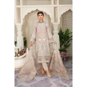  3 Piece Fancy Embroidery Dress - Stylish Light Weight Chiffon Organza Fabric Suit Indian Pakistani Fancy Embroidered Dress For Events Party Outdoor Dress - Gray