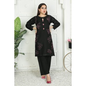 2 Piece Kurti Salwar Embroidery Set - Pure Cotton Collection Stylish Solid Color Light Weight Cotton Fabric Suit Top Bottom Salwar Kameez Indian Pakistani Embroidered Suit For Event Party Outdoor Dress - Black