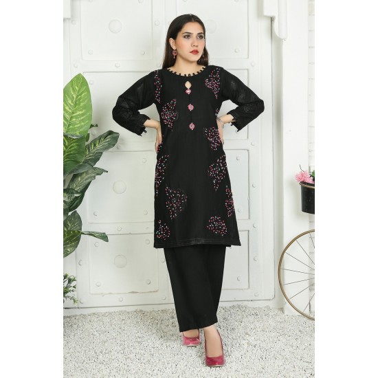2 Piece Kurti Salwar Embroidery Set - Pure Cotton Collection Stylish Solid Color Light Weight Cotton Fabric Suit Top Bottom Salwar Kameez Indian Pakistani Embroidered Suit For Event Party Outdoor Dress - Black