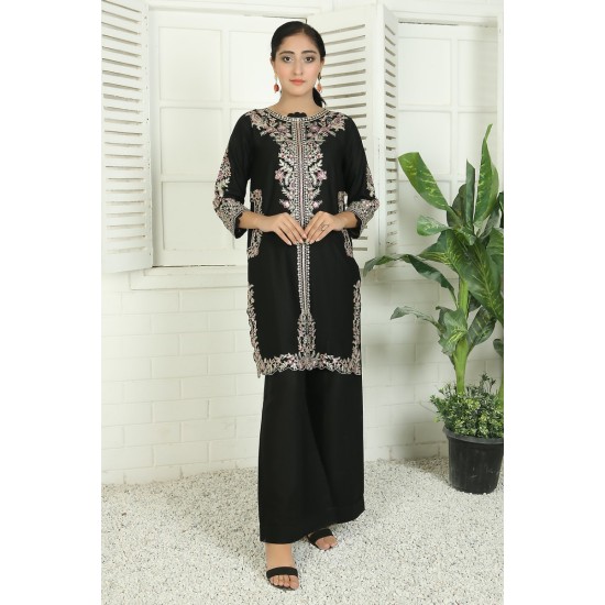 2 Piece Kurti Salwar Embroidery Set - Pure Cotton Collection Stylish Solid Color Light Weight Cotton Fabric Suit Top Bottom Salwar Kameez Indian Pakistani Embroidered Suit For Event Party Outdoor Dress - Black