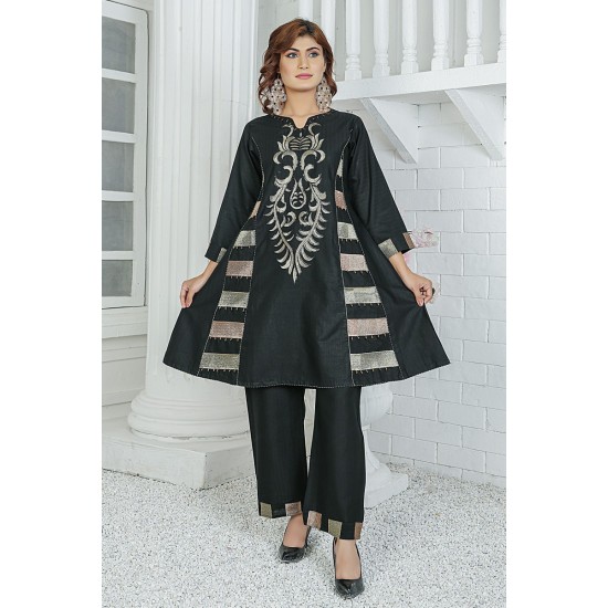 2 Piece Kurti Salwar Embroidery Set - Pure Cotton Collection Stylish Solid Color Light Weight Cotton Fabric Suit Top Bottom Salwar Kameez Indian Pakistani Embroidered Suit For Event Party Outdoor Dress - Black